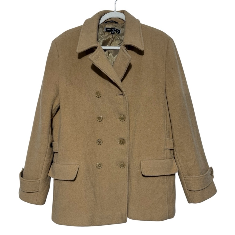 Halston Tan Khaki Wool Blend Double Breasted Pea Coat‎ Size 12 Old Money Classic